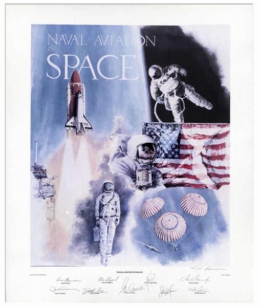 Neil Armstrong Signed Lithograph, Also Signed by 8 Other NASA Astronauts Including Alan Shepard & John Glenn -- With a COA From the National Museum of Naval Aviation